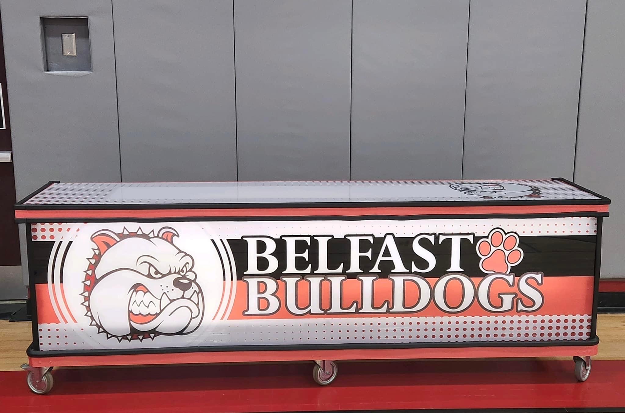 Black and red panel with Belfast Bulldogs text and school logo.