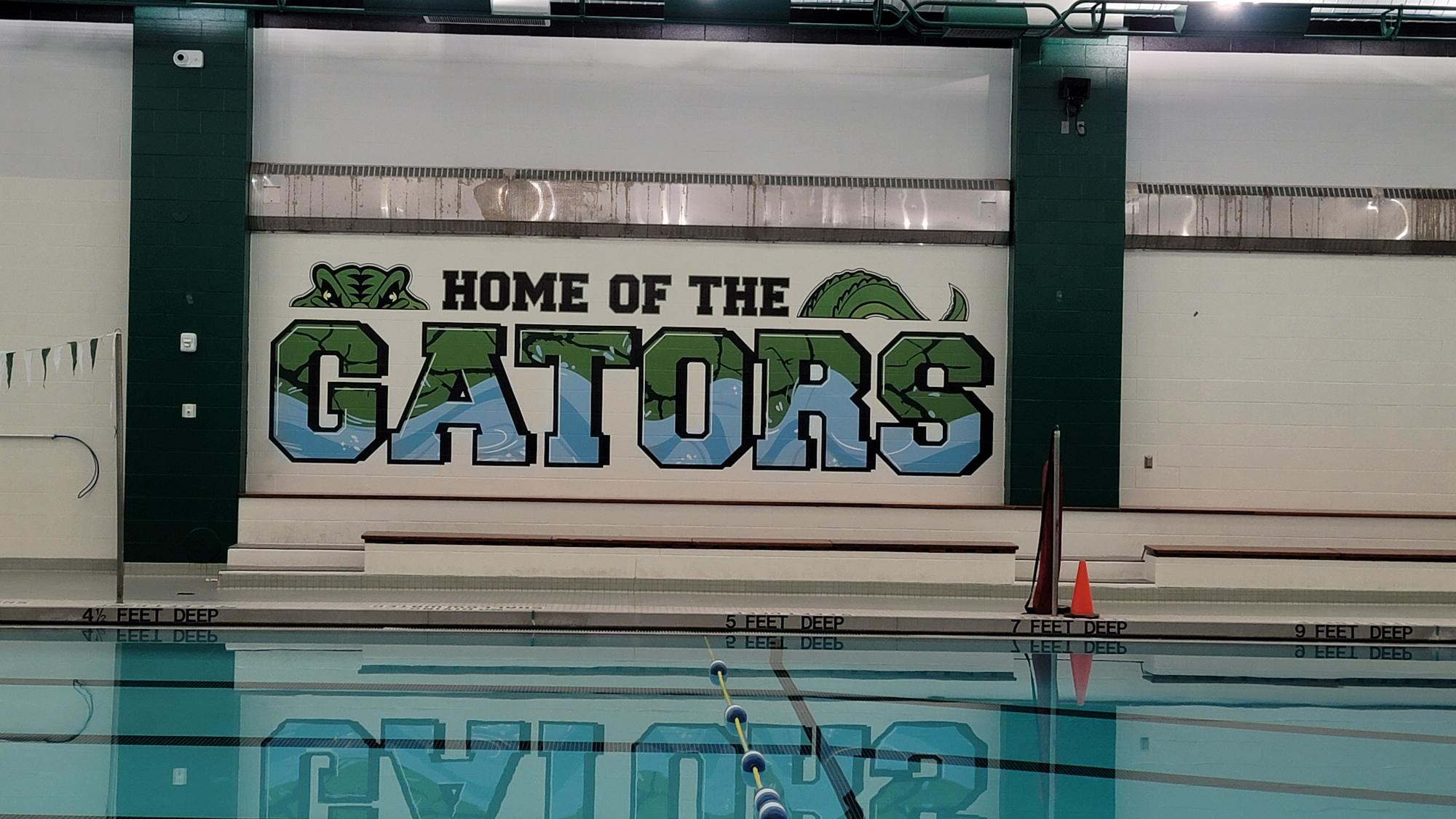 Home of the gators text with alligator eyes and tail above