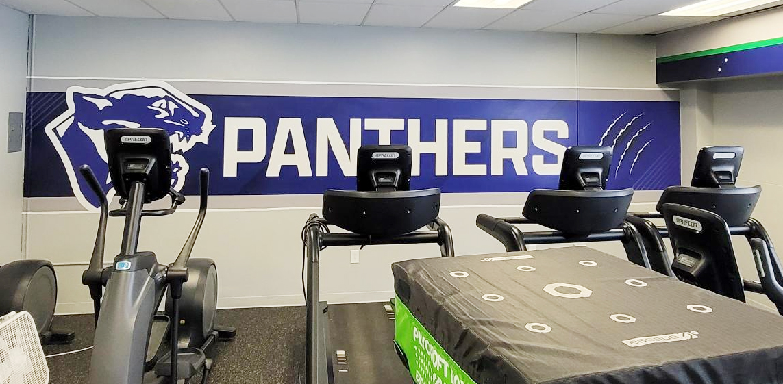 Purple wall graphic with Panthers text and Panama Panther logo.