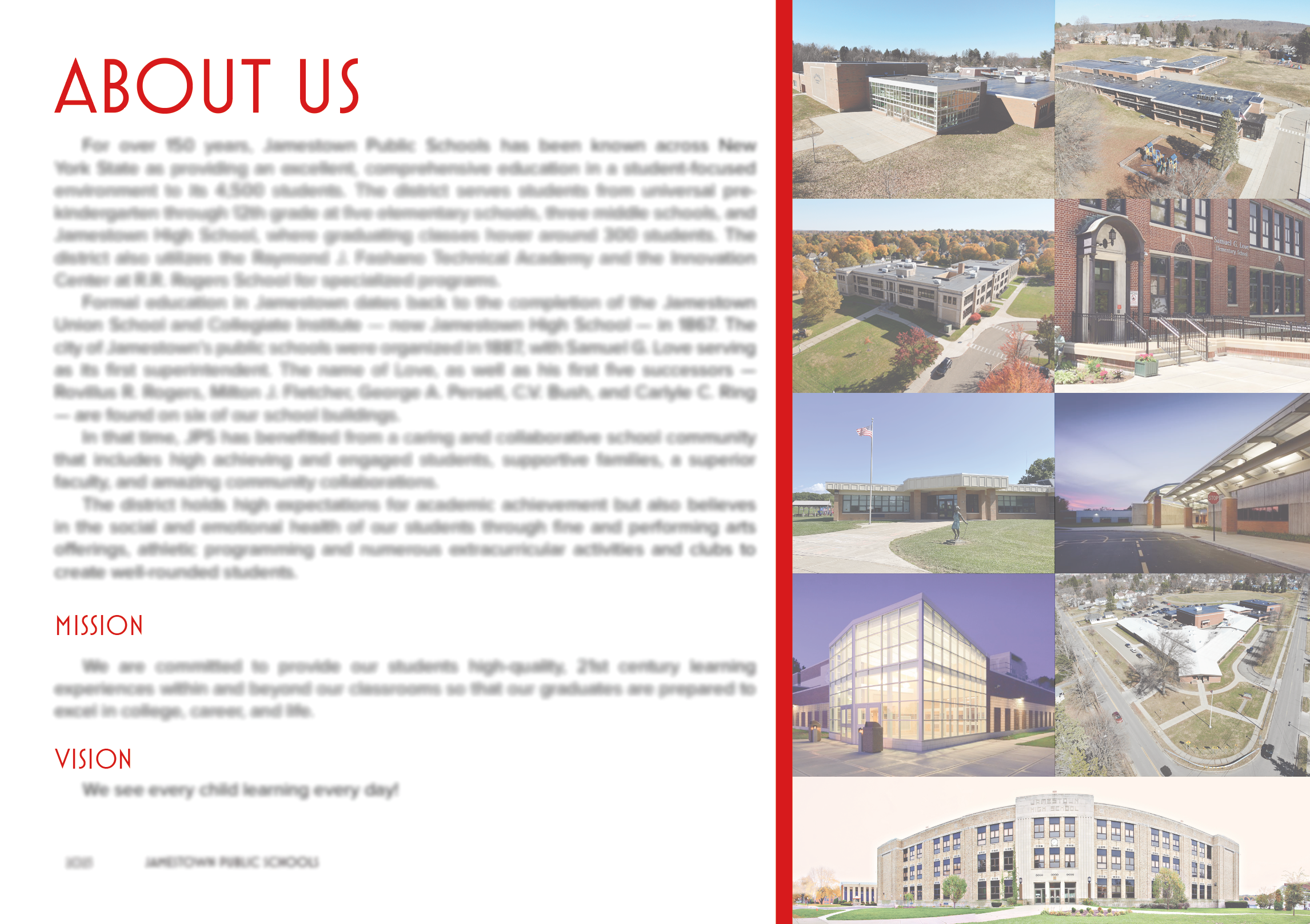 About us page describing the school's identity and publication style. Text in photo obscured as the guide is incomplete and unpublished at this time.
