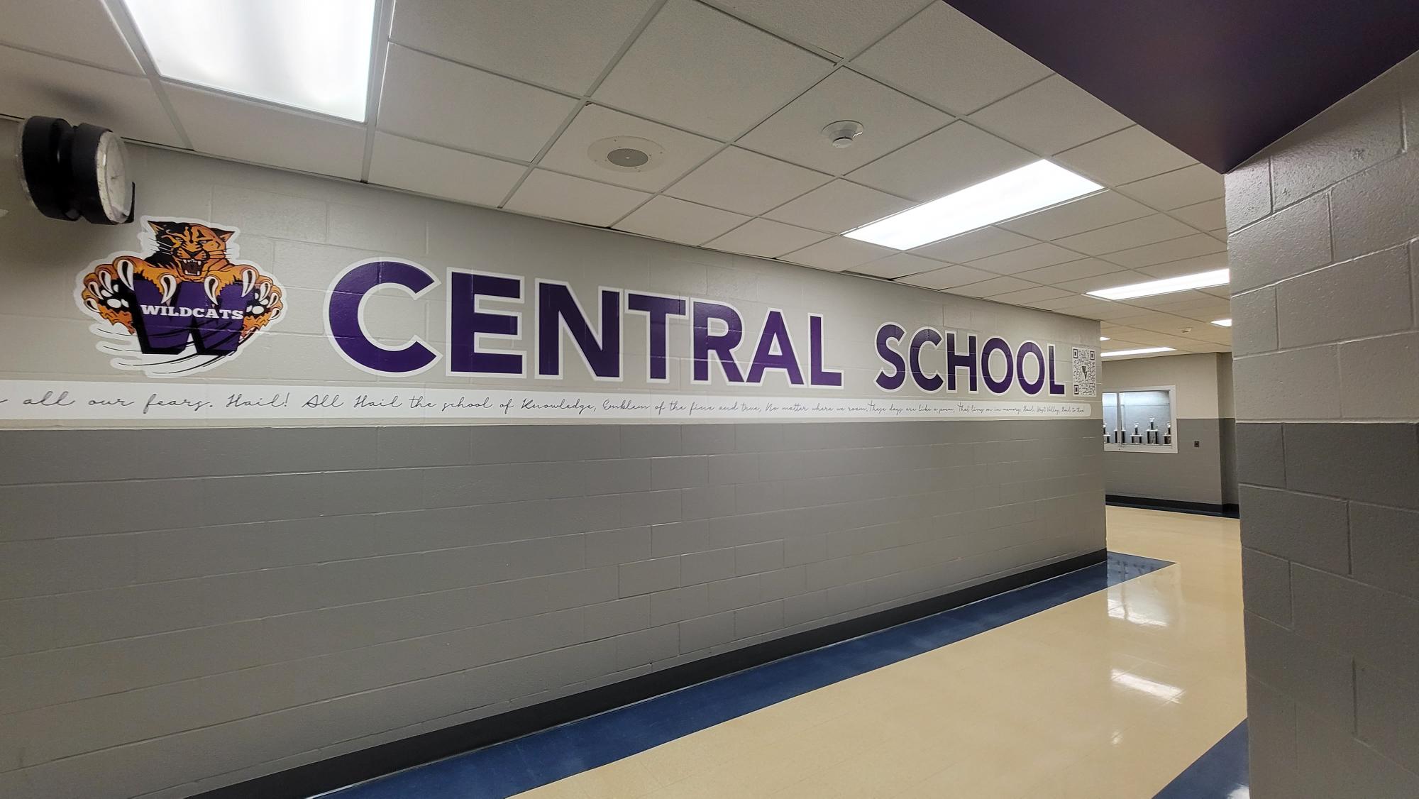 Large wall graphic reading Central School with the logo for West Valley Central School.