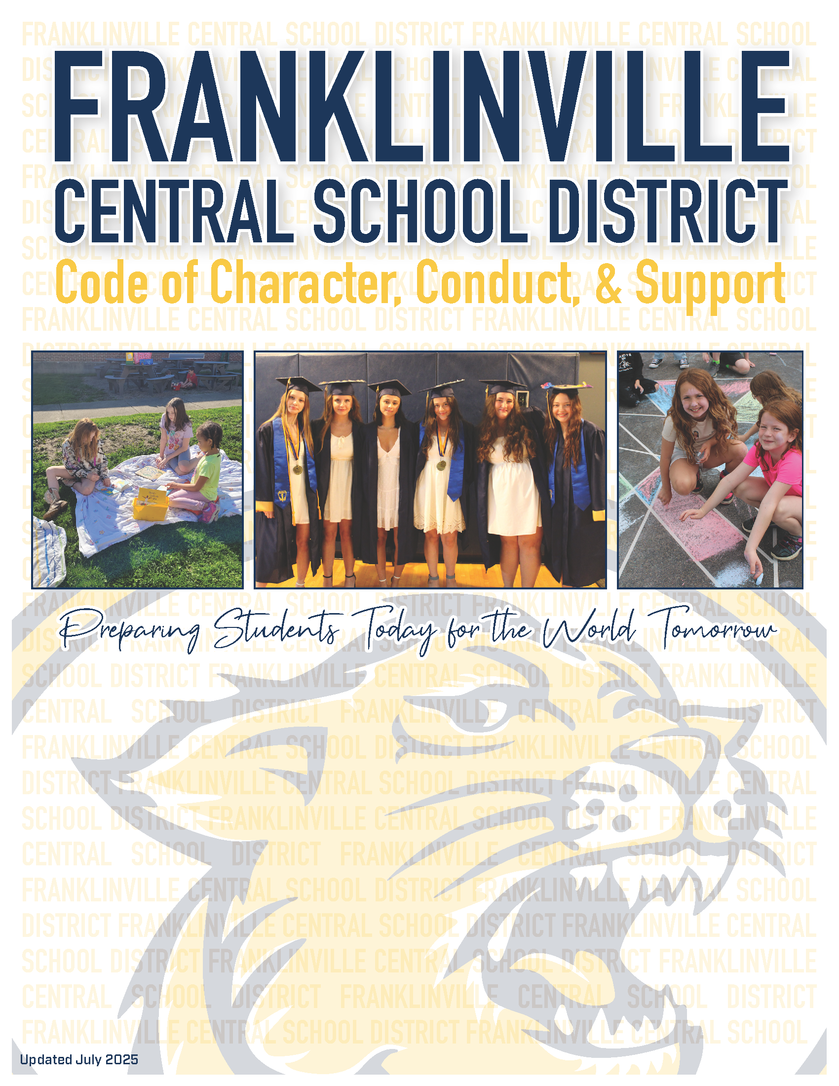 Cover photo of Franklinville Central School District Code of Conduct. Features school logo and colors, as well as photos taken of students during the school year.