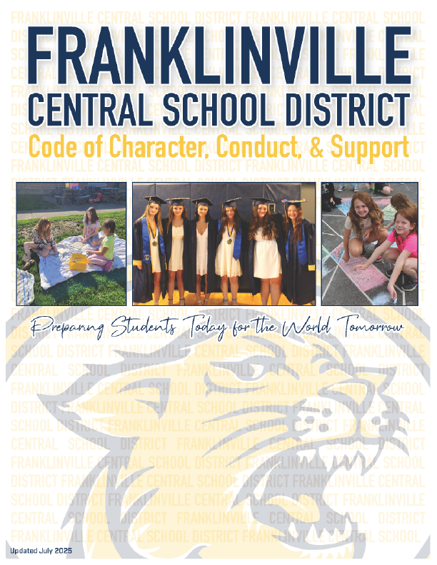 Cover photo of Franklinville Central School District Code of Conduct. Features school logo and colors, as well as photos taken of students during the school year.
